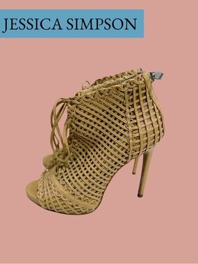 Jessica Simpson Caged Lace Up Lattice Peep Toe Stiletto Bootie Tan